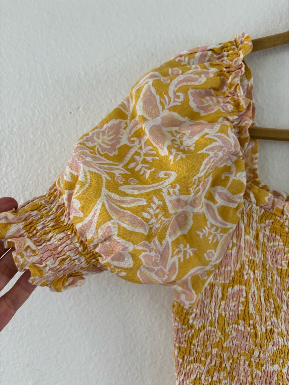 Boden Linen Maxi Dress Puff Sleeve Yellow Floral Smocked Square Neck Pockets 10R - Picture 3 of 8